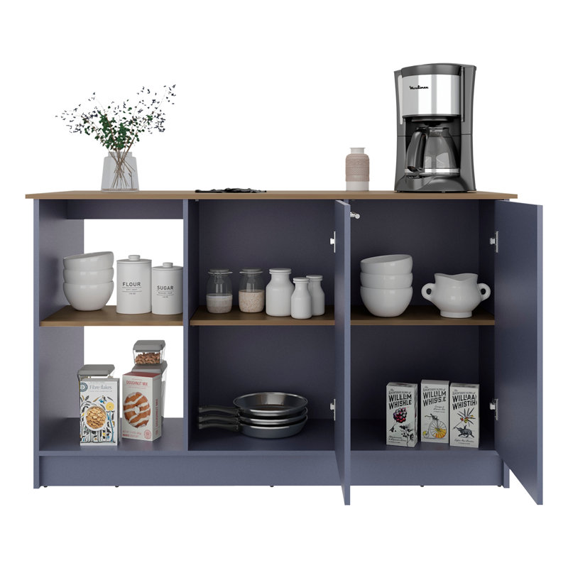 Kitchen Island 35.7" H, 2 Doors, 6 Shelves, Alby Blue / Natural Oak - Kitchen