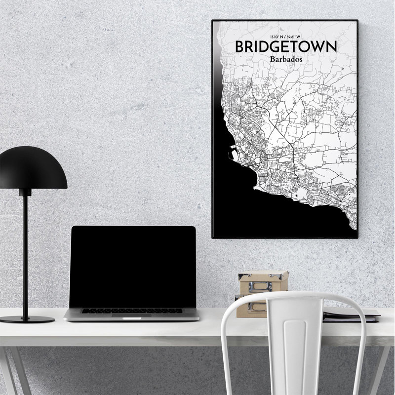 «Bridgetown City Map», impression, Noir et blanc, H 36 po x l 24 po
