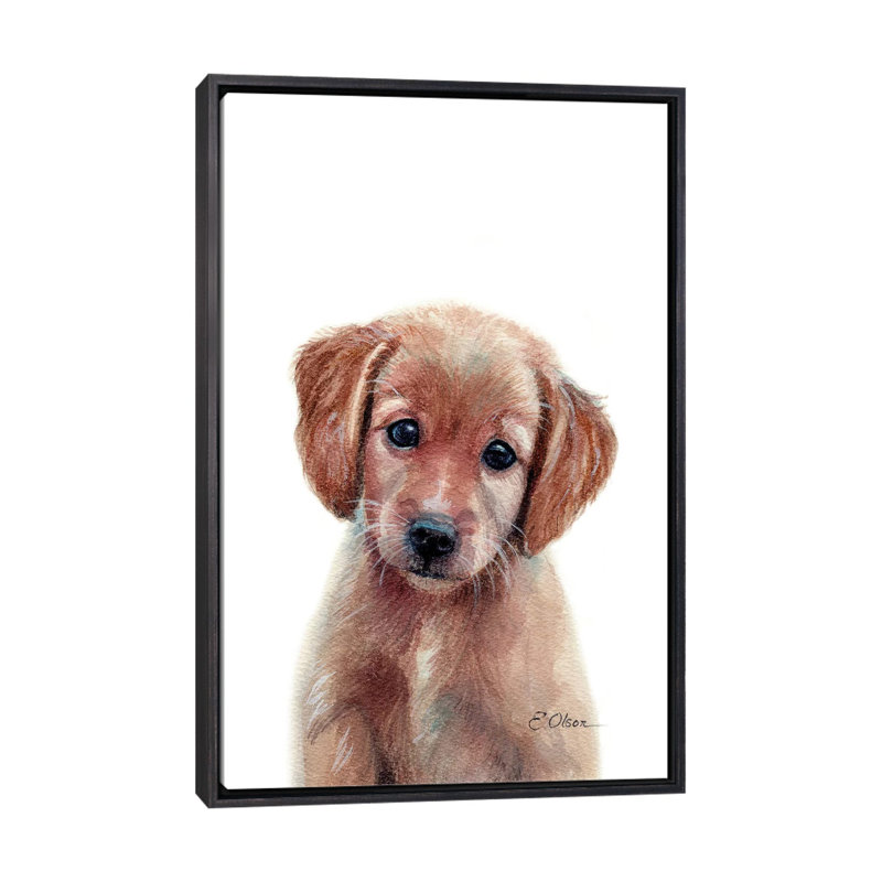 Chiot Golden Retriever par Watercolor Luv - reproduction d'art, H 26 po x l 18 po x 1,5 po, Toile avec cadre noir patiné