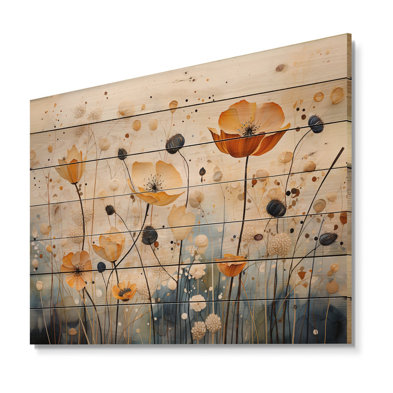 Impression orange sur fond bleu botanique I sur bois, H 30 po x l 40 po x P 0,78 po