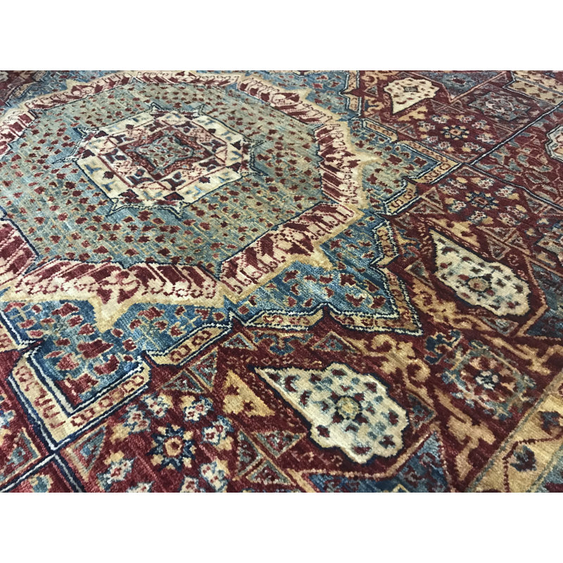 Tapis rouge et bleu noué à la main de haute qualité