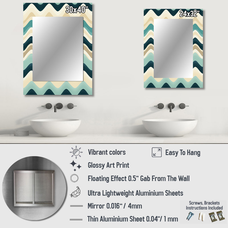 Landry Beige and Blue Coastal Chevron Serenity - grand miroir mural à chevrons, miroir décoratif à chevrons, impression sur métal