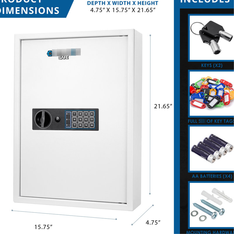 Coffre-fort à clés pour armoire murale blanc - Rangez 100 clés en toute sécurité, montées en acier massif blanc, avec verrouillage numérique