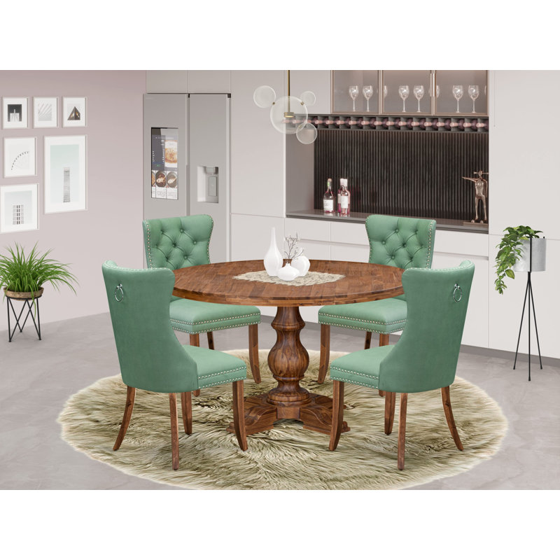 Ensemble de salle à manger 5 pièces Mid Century contenant une table en bois et 4 chaises en tissu de polyester vert saule avec dossier capitonné, noyer antique