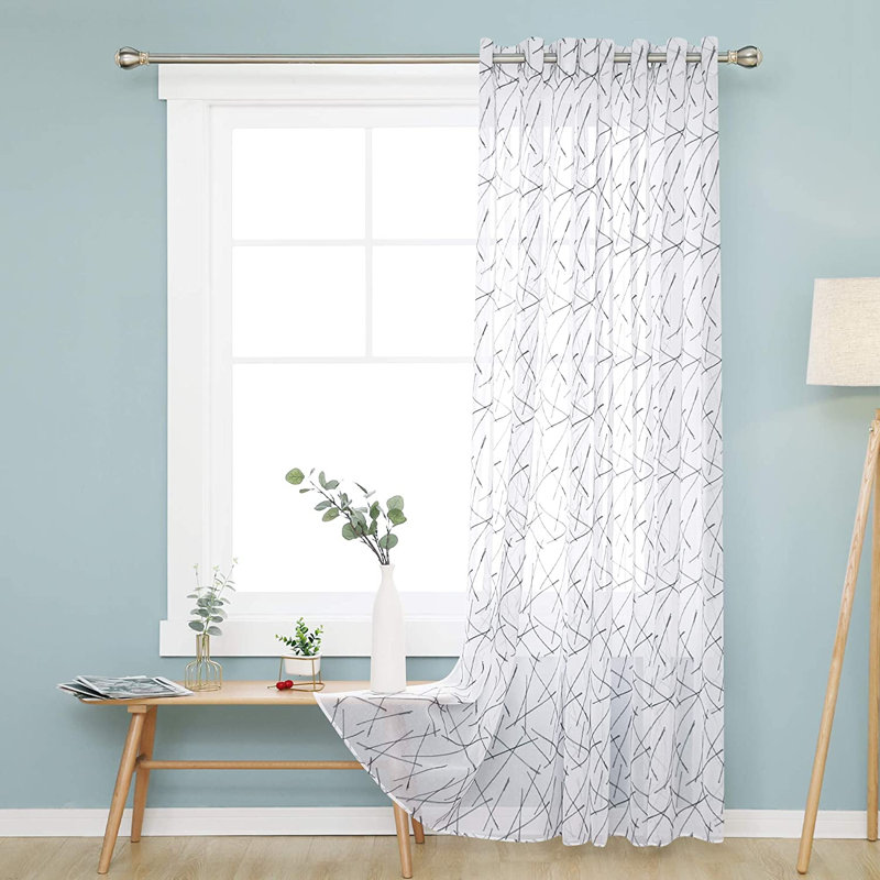 Marlow Home Co. Embroidered Line Pattern Sheer Curtains Eyelets Linen Effect Home Decorative Voile Curtains Super Soft Net Curtains For Living Room Linen Two Panels