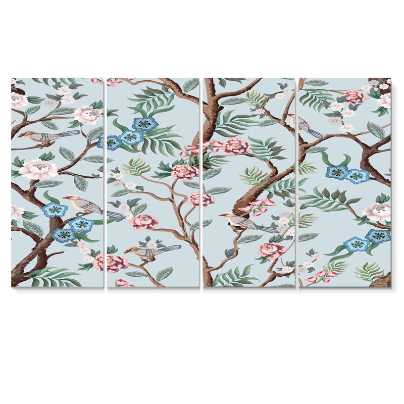 Chinoiserie avec oiseaux et pivoines X - ensemble de 4 reproductions d'art sur toiles tendues