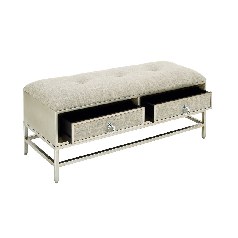 Fischer Linen Fabric Upholstered 2 Drawer Storage Bench with Tufted Seat and Ring Handles, Beige