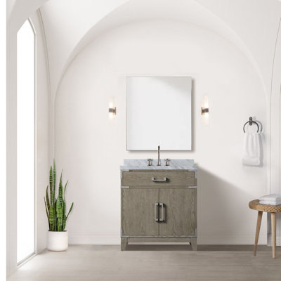 Ensemble de meuble-lavabo simple en chêne gris l 30 po x P 22 po, comptoir en marbre de Carrare, miroir 28 po et robinet
