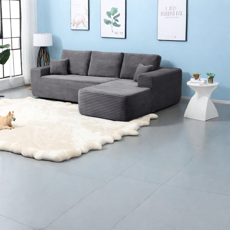 Canapé modulaire moderne en forme de L, velours côtelé moelleux, sans assemblage, gris
