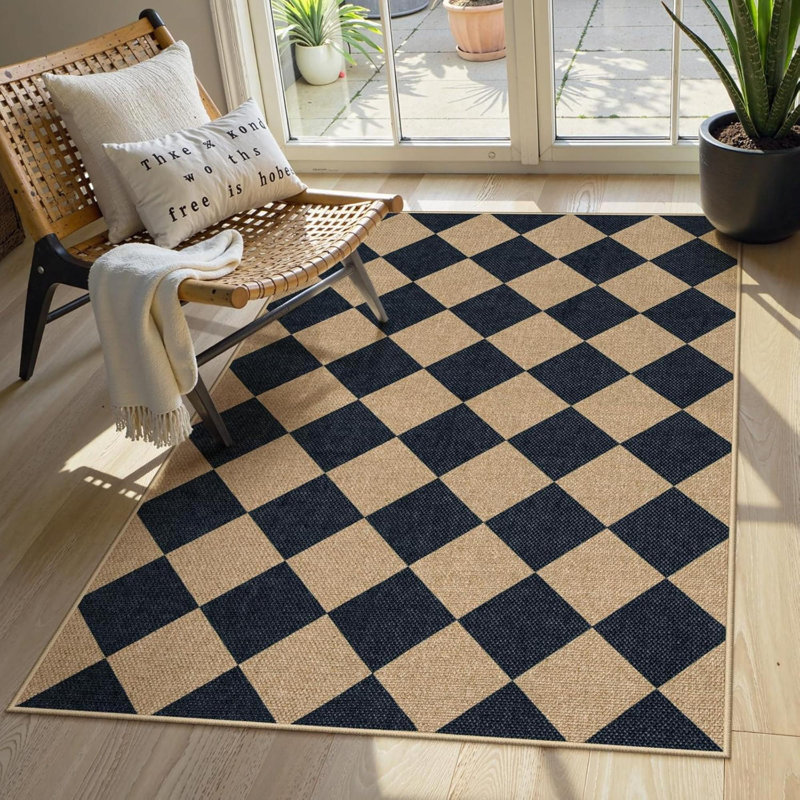 Checkered Easy Jute Outdoor Rug Washable Rugs For Entryway Diamond Indoor Outdoor Living Room Carpet Farmhouse Neutral Non Slip  Door Carpet For Backyard Bedroom