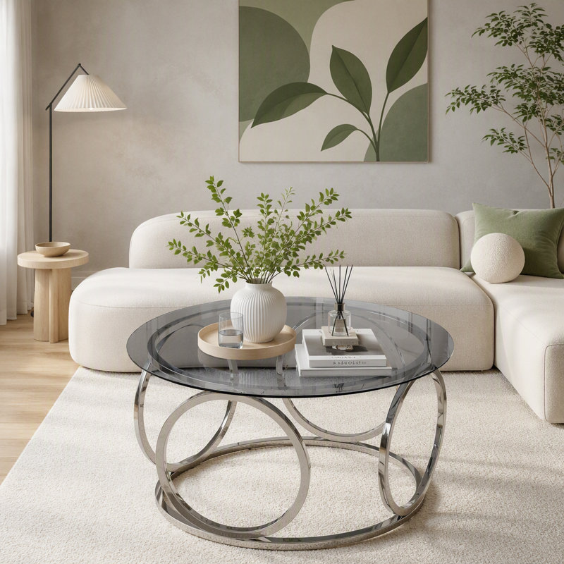 Table basse ronde en verre de 80 cm avec cadre métallique circulaire, Chrome&Grey