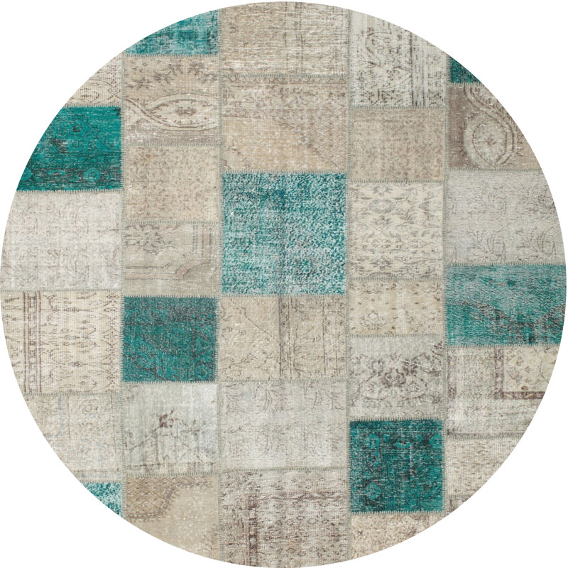 Tapis contemporain beige / turquoise, Rond 5 pi