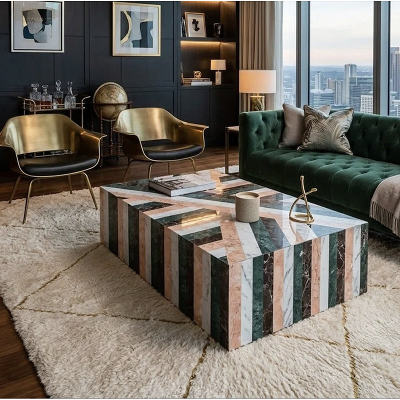 Genuine Marble Block Coffee Table - Multicolor Striped Marble