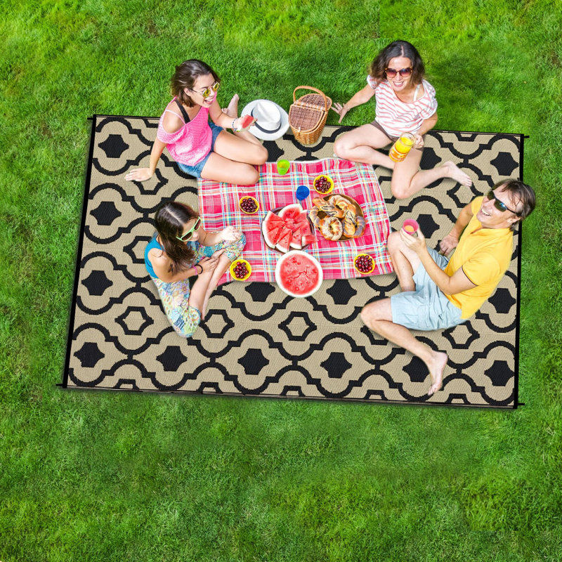 Waterproof Outdoor Rugs 9x12 ft Durable Plastic Straw Carpet for Patio Boho Reversible Floor Carpet Balcony Rug for Camping Tent RV Black Brown