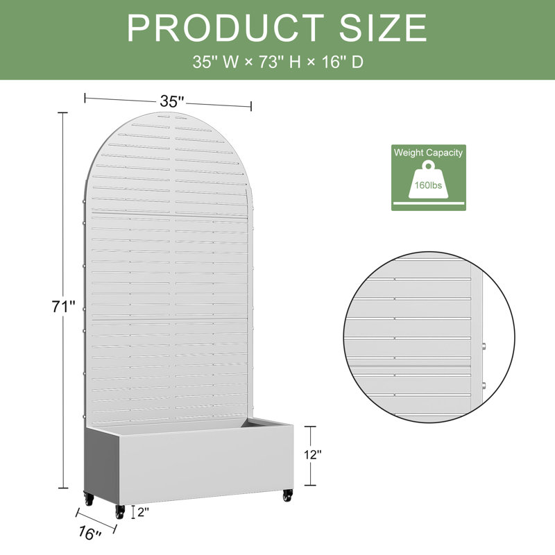 Arch Metal Planter Box with Trellis with Wheels, 72" H x 35" W x 16" D, White