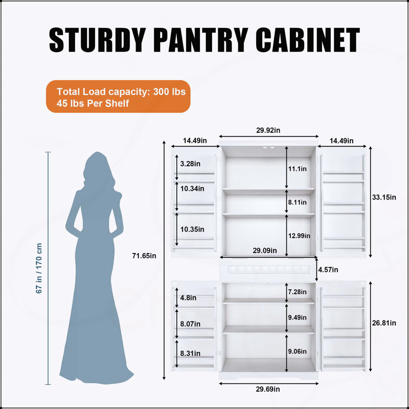 Armoire de garde-manger autoportante avec tablettes réglables, tiroir et tablettes de porte pour un rangement polyvalent dans la cuisine, le salon ou la salle de bain, style campagnard