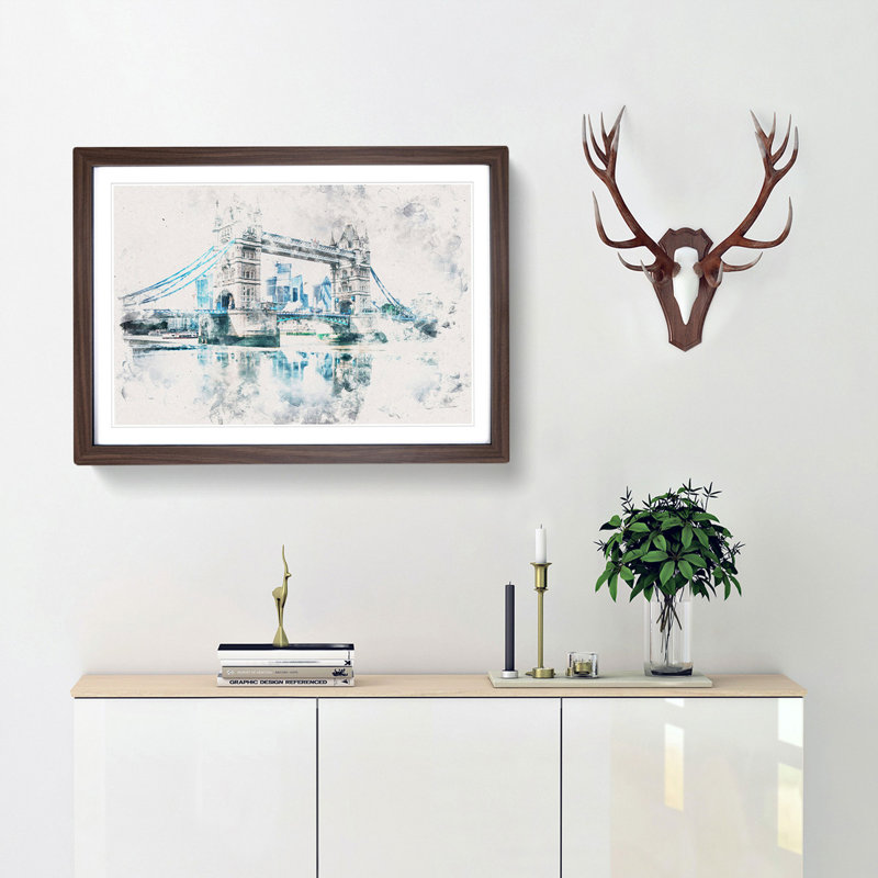 London Bridge Watercolour - Picture Frame Graphic Art Print, Walnut Framed, 45cm H x 63cm W x 2cm D