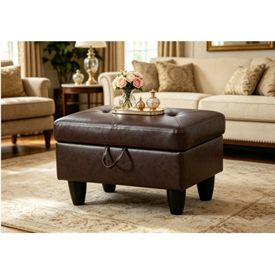 Rectangular Storage Ottoman, Faux Leather Footrest Bench with Hinged Hydraulic Soft Close Lid, 28.5"W x 19"D x 17.5"H Multi-Purpose Ottoman Coffee Table for Living Room Bedroom Entryway, Brown