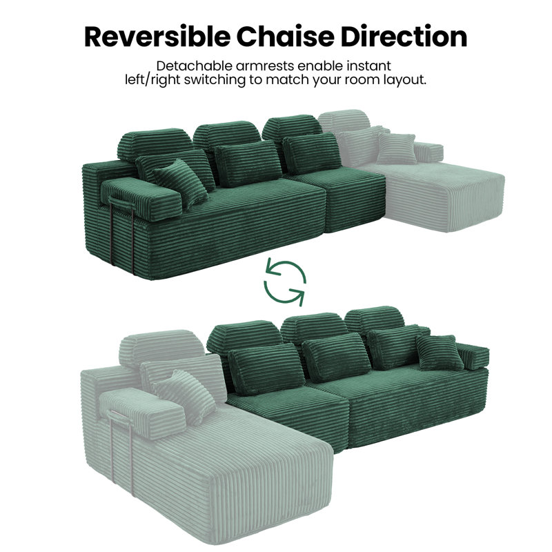 136" Cloud Modular L-Shaped Sectional Sofa, Corduroy Oversized Couch for Living Room, No Assembly Required，Green