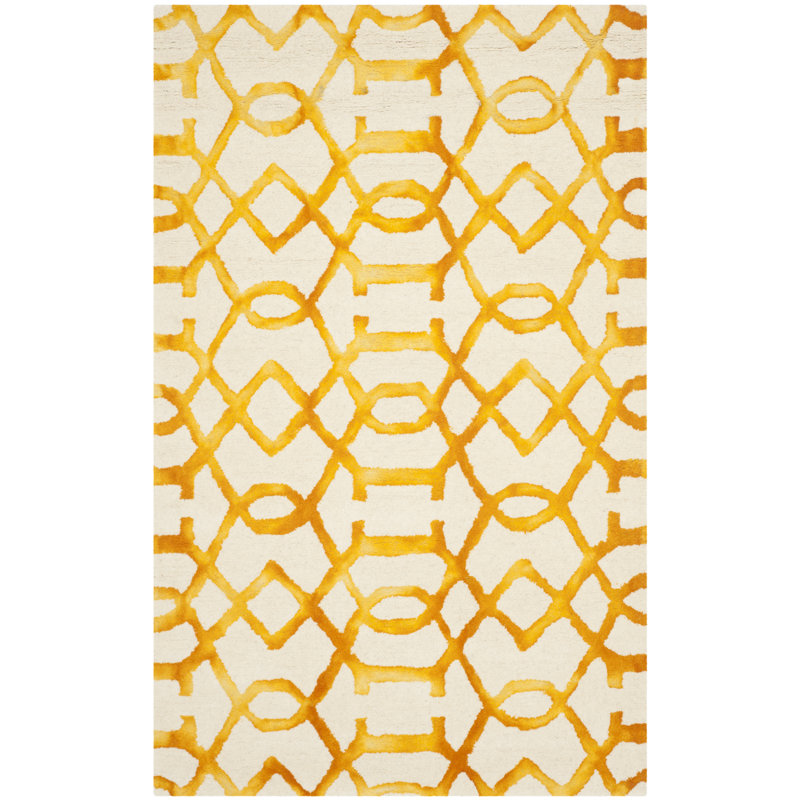 Tapis jaune en laine touffeté à la main à motif géométrique, Rectangle 3 pi x 5 pi