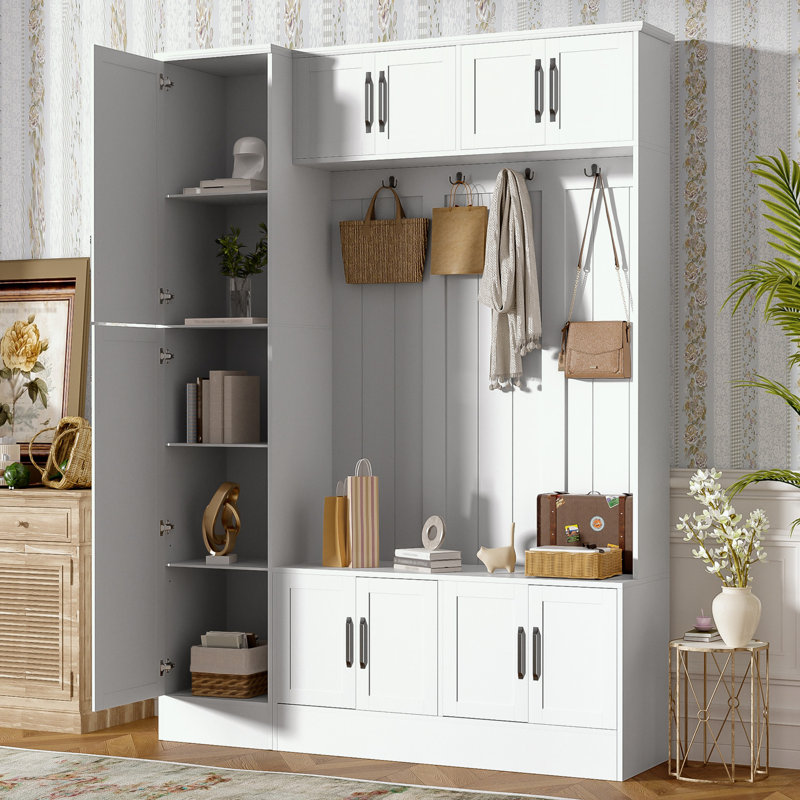 Hall Tree with Shoe Storage Bench, 6 Cabinets, 4 Coat Hooks and Adjustable Shelf, White