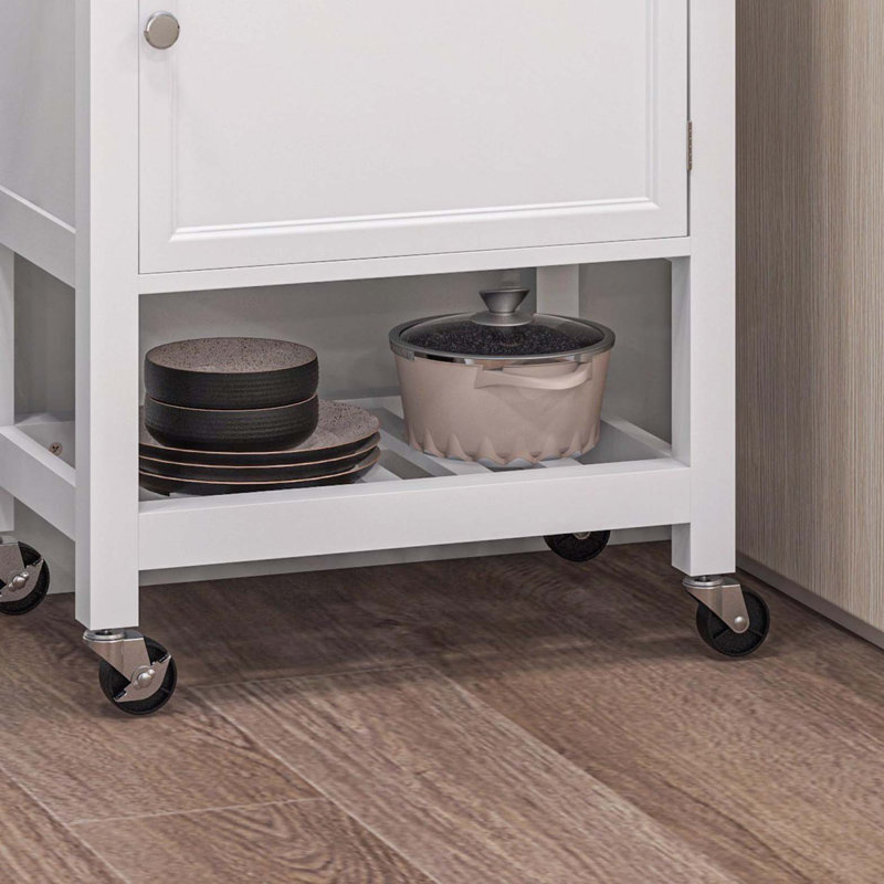 Utility Kitchen Cart, Rolling Kitchen Island with Smooth Rubberwood Top, Narrow Butcher Block Surface on Wheels with Storage Drawer & Cabinet, White