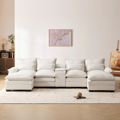 Ensemble de 6 chaises en U avec console et méridienne - revêtement en chenille, porte-gobelets, abris de salon en blanc