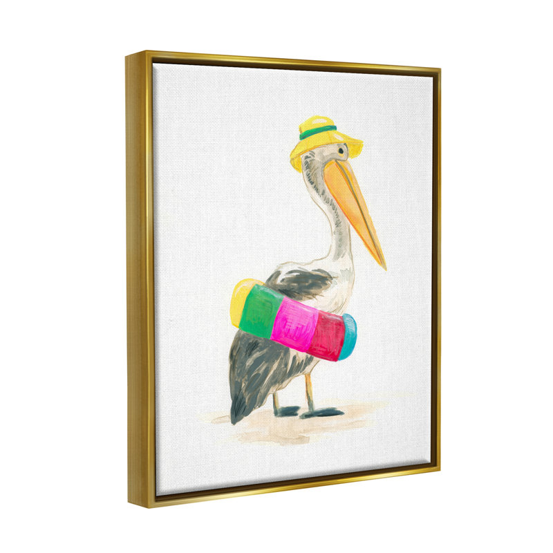 Pélican et plage Tube encadré sur toile par June Erica Vess, H 31 po x l 25 po x P 1,7 po, Cadre flottant métallique doré