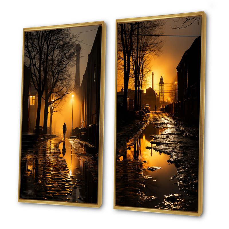 Usine, hiver, paysage, Afterglow - usines d'art mural, ensemble de 2, Encadrement doré, H 28 po x l 25 po