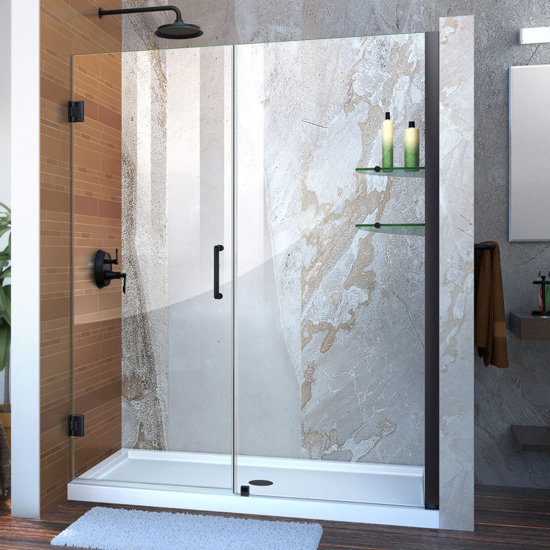 Porte de douche à charnière sans cadre Unidoor avec technologie Clearmax ™, Noir mat, 61"