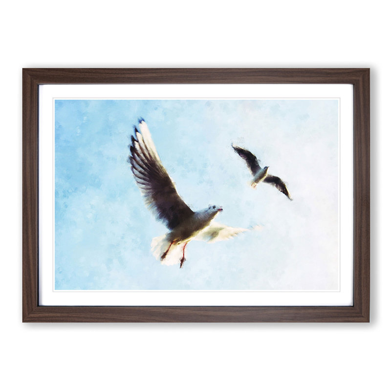 Pair Of Flying Seagulls - Single Picture Frame Print on MDF, 33cm H x 45cm W x 2cm D, Walnut