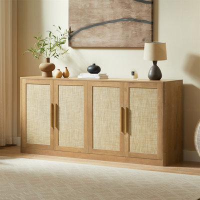 Buffet 67 po à 4 portes en rotin, buffet Boho, grand buffet à crédence pour le salon, le couloir et la cuisine, chêne caramel, l 67 po x P 15,75 po x H 31,5 po.