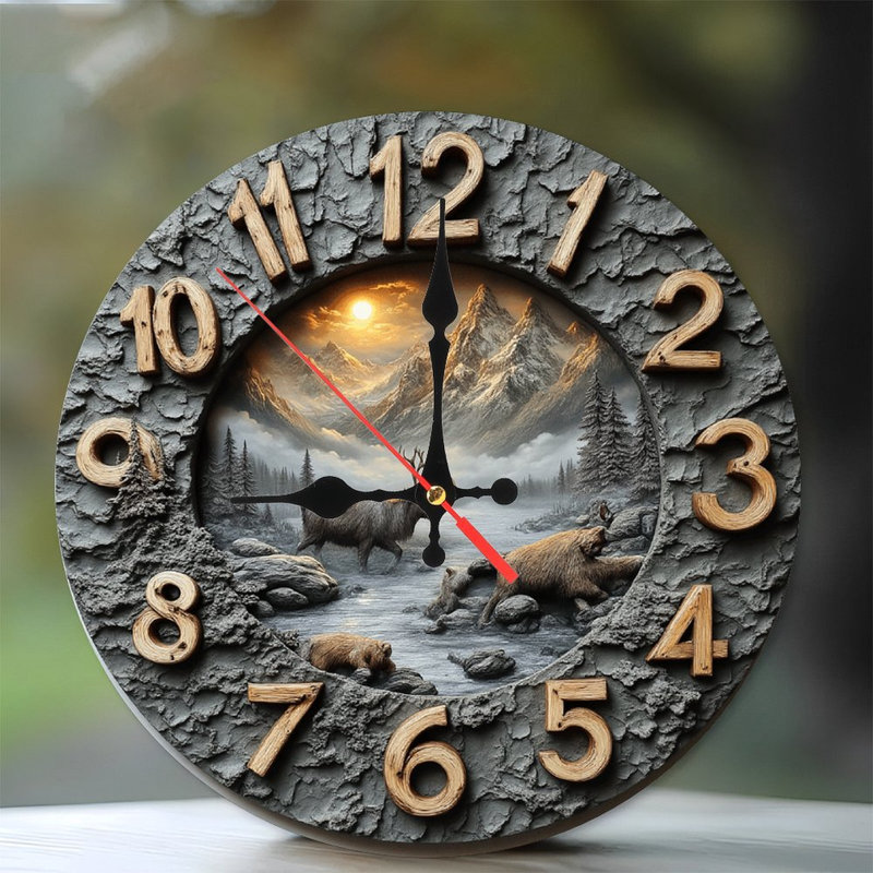 Mountain Animals Wall Clock Reindeer Bears Sunset