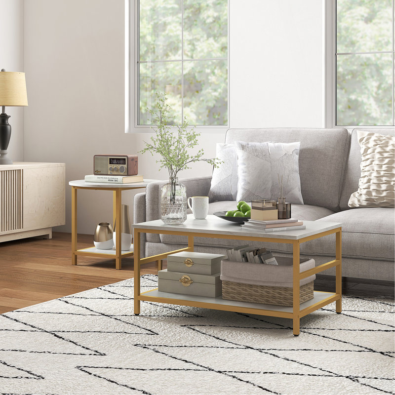 Coffee Tables Set Of 2, 2-Rier Rectangle And Round Coffee Table With Storage Shelves, Faux Marble Top And Steel Frame, Sofa Side Table For Living Room,
