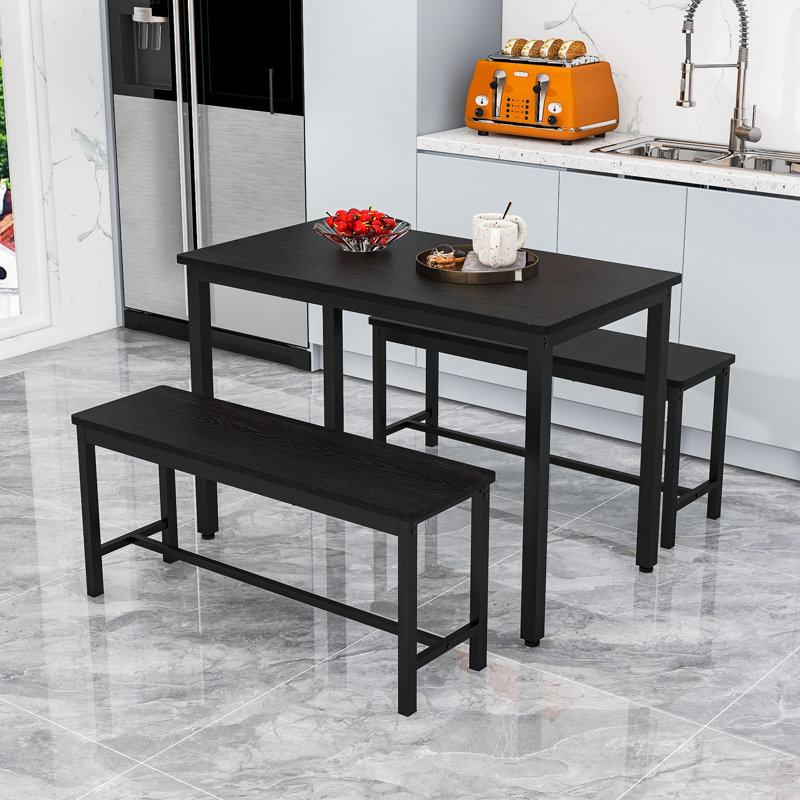 Ensemble de table à manger compacte 3 pièces pour 4 personnes - Bancs escamotables pour petits espaces, Noir