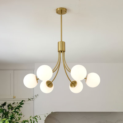 6-Light Mid-Century Modern Chandelier with White Globe Glass Shades, 31-Inch Gold Sputnik Fixture for Living Room and Dining Room