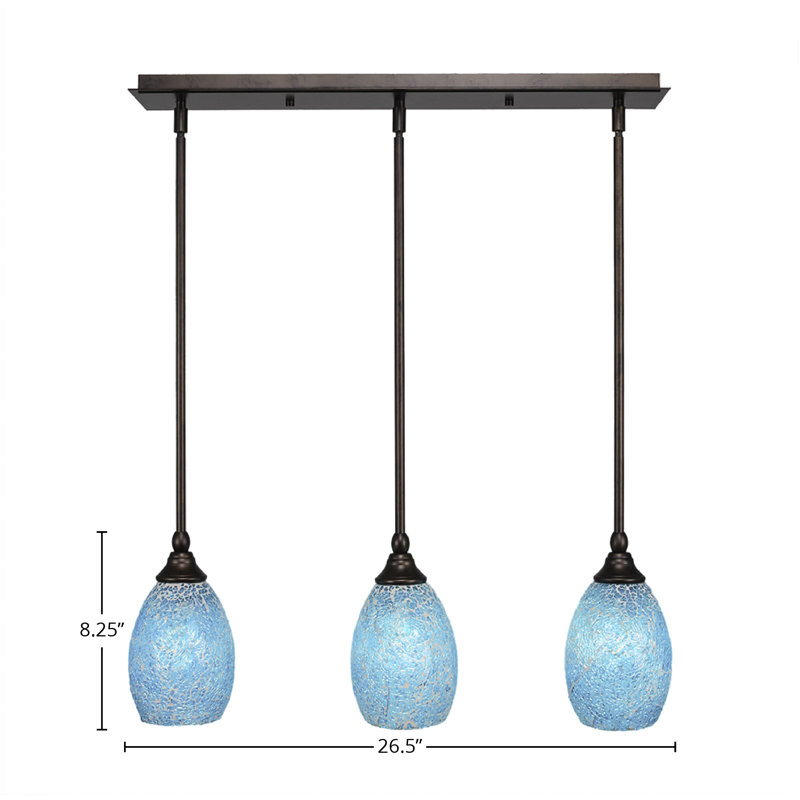 3 Light Stem Hung Linear Pendalier Shown With 5" Fusion Glass, Turquoise, Bronze