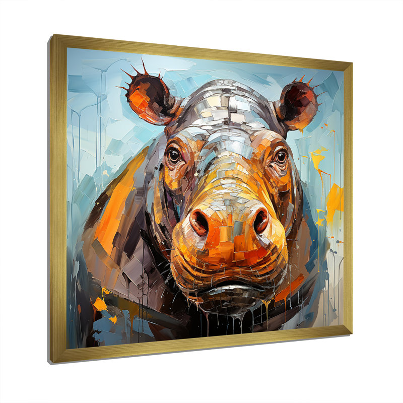 Hippopotame harmonie 1 - Hippopotame, Cadre doré simple, H 16 po x l 16 po x P 1 po