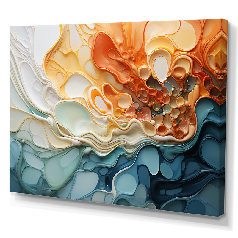 Encre bleue et orange, encre liquide, art mural abstrait à l'encre liquide, Toile tendue, H 16 po x l 32 po x P 1 po
