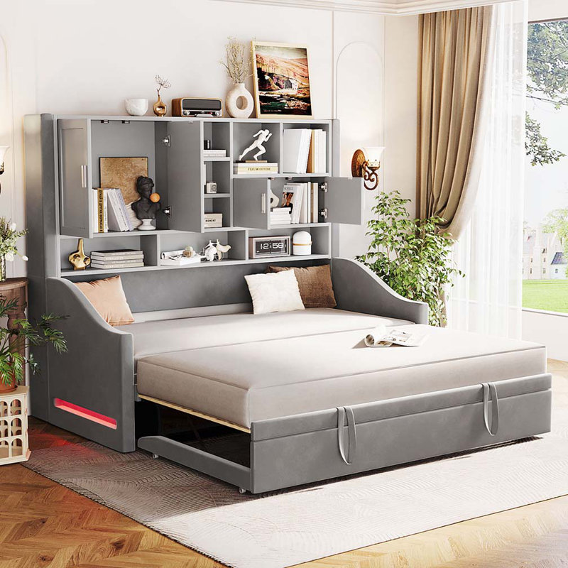 Upholstered Daybed with LED Armrest Lights, Storage Shelves & Cabinets, Pull-Out Lift-Up Twin Trundle, Gray