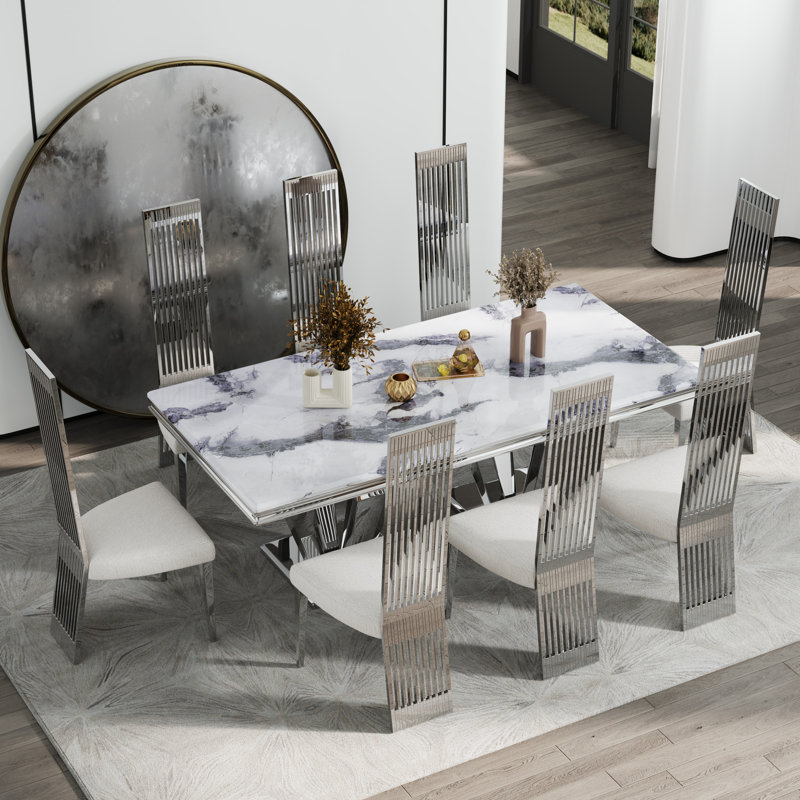Dellene 78" Grey and Silver Modern Glam Dining Room Table