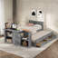 Lit plateforme multifonctionnel en bois avec bureau et tablettes de rangement, lit gigogne intégré et 3 tiroirs-536351238
