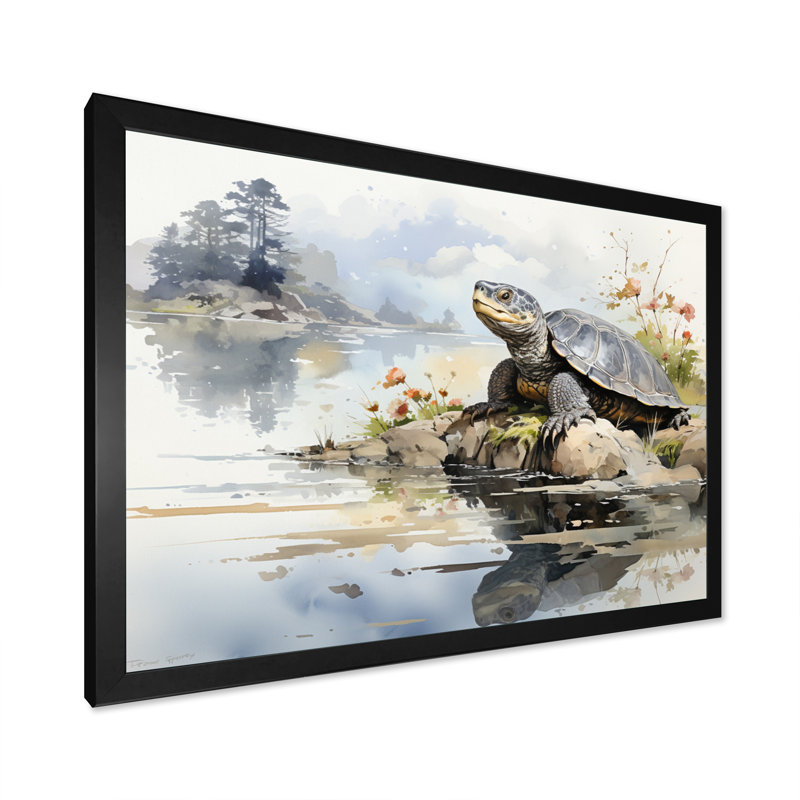 Art asiatique, tortue Sumi I - impression, H 24 po x l 32 po x P 1 po, Cadre photo noir