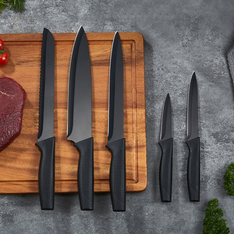 Ensemble de couteaux, ensemble de 14 couteaux de cuisine avec bloc et affûteur, lames affûtées sans effort, couteaux de cuisine de qualité supérieure inclus et 6 couteaux à steak dentelés, noir, va au lave-vaisselle