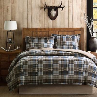 Twin Comforter - Microfiber, Blue & Brown Plaid, Down Alternative Filling, 2 Shams, Easy To Clean, Comfortable All Year Round Mini , And Fill, Sewn Box Quilting, Shams 1 For Twin , Machine Washable
