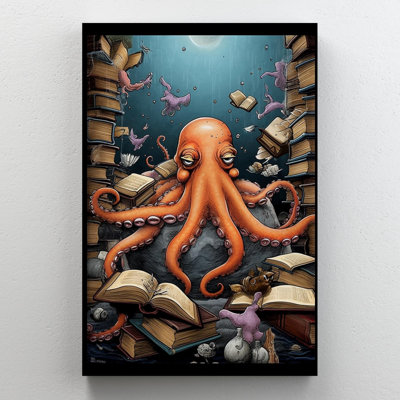 Pieuvre et livres - 1 pièce, reproduction d'art graphique sur toile tendue
