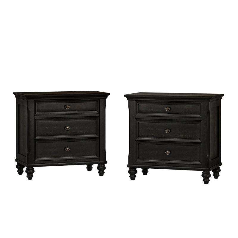 Mid-Century Modern Solid Wood Nightstand 3-Drawers, Vintage Black