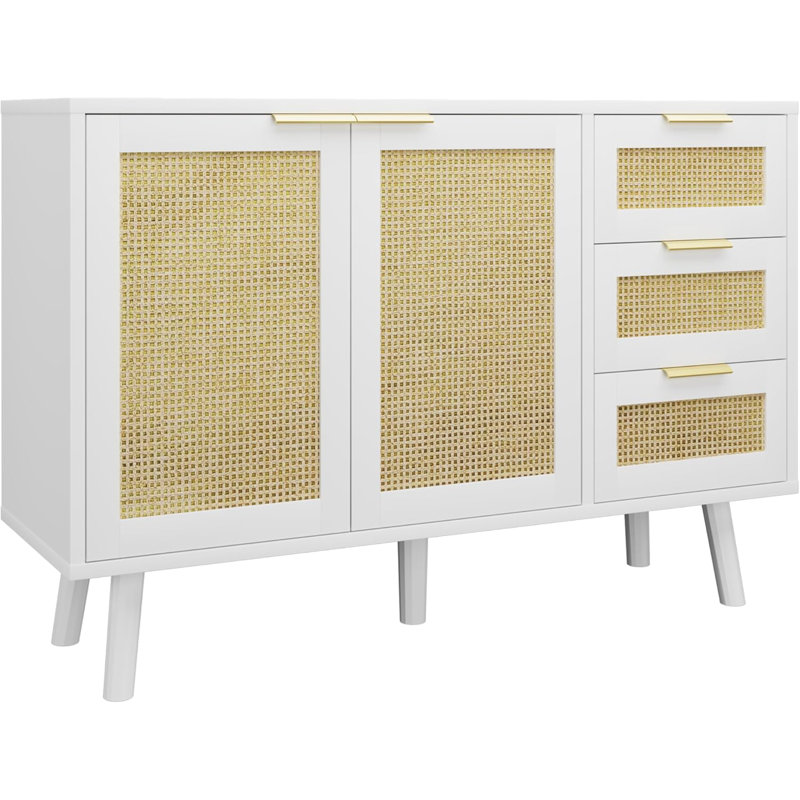 Buffet - Buffet de cuisine en rotin avec 2 portes et 3 tablettes, buffet avec rangement, buffet d'appoint en rotin pour cuisine, salle à manger, couloir, console