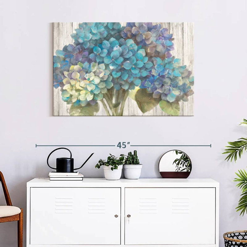 Harnek Turquoise Hydrangea On Barn Board, 24" H x 36" W