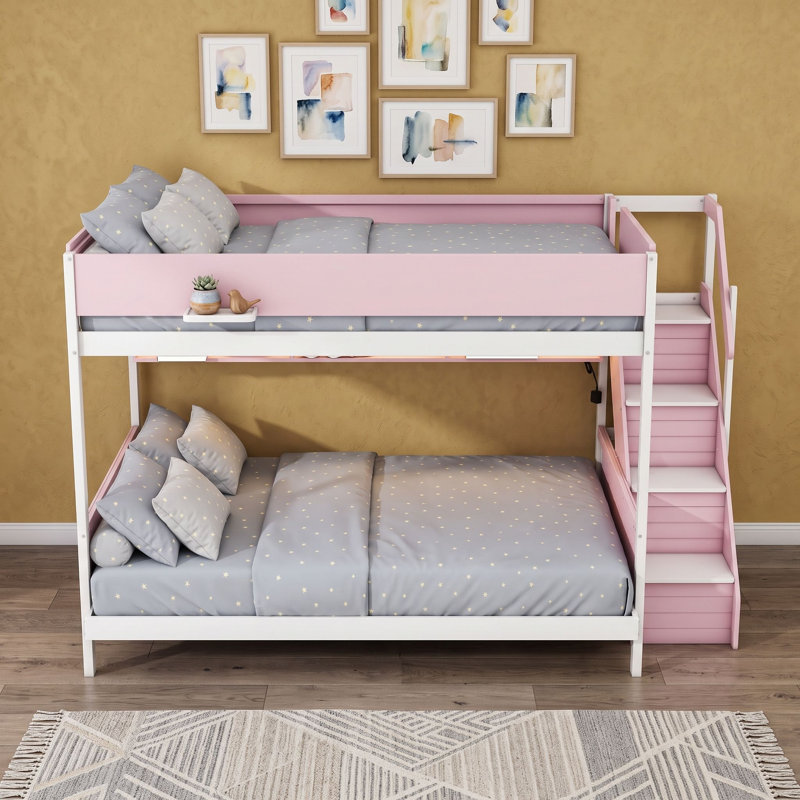 Lit superposé en bois avec éclairage sous le lit pour moderne et escalier, Double TG sur grand, Rose